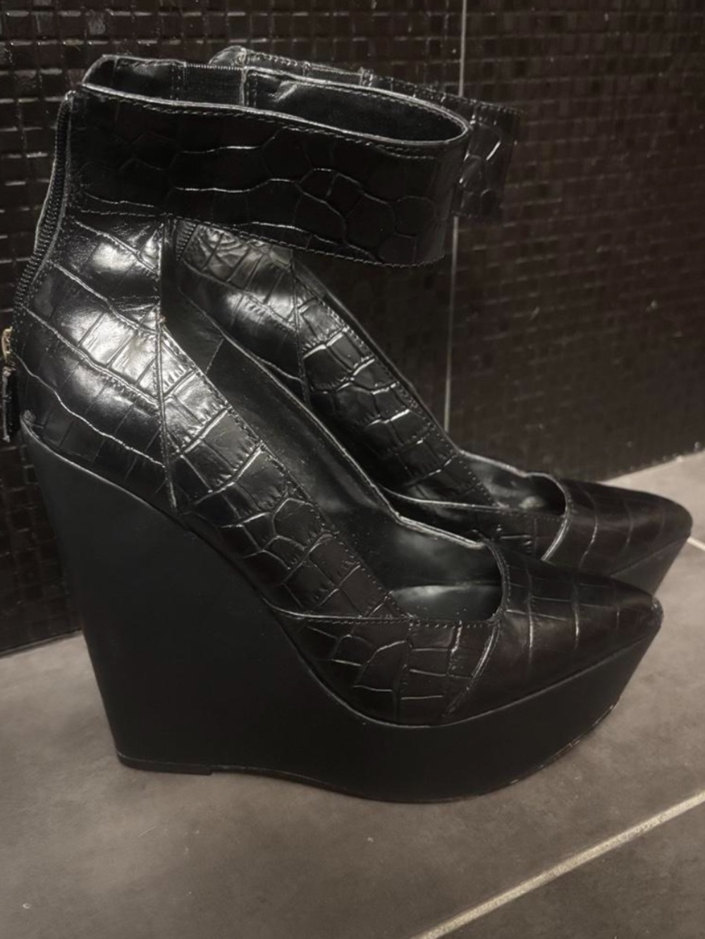BCBGMaxAzria Black Croc-Embossed Wedge Ankle Strap Pumps
